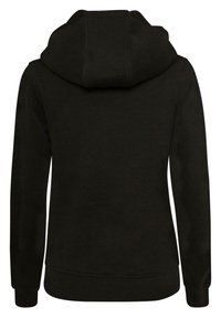 Sweat à capuche noir avec une poche kangourou, des poignets côtelés et un ourlet inférieur. Tissu texturé avec un design classique de capuche et sans graphiques visibles.