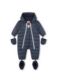 Marineblauwe gewatteerde sneeuwpak met een capuchon, twee voorritsen en elastische boorden. Bevat een boomlogo en een zachte voering aan de binnenkant. Inclusief booties.
