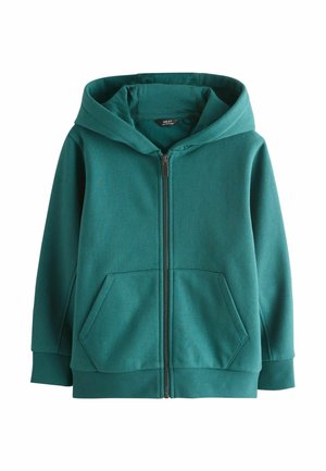 Sweat à capuche zippé en sarcelle, fabriqué en tissu doux. Dispose de poches kangourou et de bordures côtelées aux poignets et à l'ourlet. Texture lisse, design décontracté.