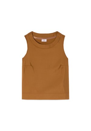 Haut marron sans manches avec encolure ronde, fronces discrètes sur les côtés et ourlet droit, présenté à plat sur fond blanc.