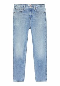 Jeans de mezclilla azul claro con corte recto, que cuentan con dos bolsillos frontales, un bolsillo trasero y un sutil desgaste en la tela.