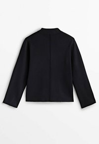 Black, ribbed-knit pullover with a high neckline, long sleeves, and a straight cut. Features a back seam detail and solid color.