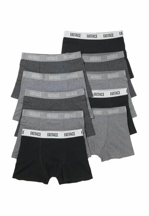 Zehn Paar Herrenboxershorts in Schwarz und verschiedenen Grautönen, mit elastischen Taillenbändern mit dem Markenschriftzug „FATFACE“. 