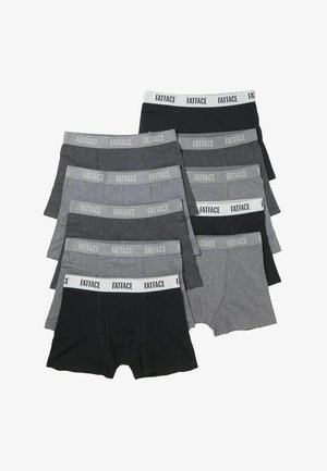 Zehn Paar Herrenboxershorts in Schwarz und verschiedenen Grautönen, mit elastischen Taillenbändern mit dem Markenschriftzug „FATFACE“.