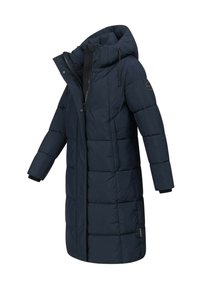 Padded long coat in navy blue with a hood, featuring a front zipper, elastic cuffs, and a slightly below-the-knee length.