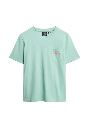 Mint green cotton t-shirt with a crew neck and short sleeves. Features a chest pocket embroidered with "Superdry" in orange. Textured fabric.