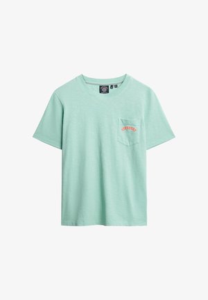 Mint green cotton t-shirt with a crew neck and short sleeves. Features a chest pocket embroidered with "Superdry" in orange. Textured fabric.