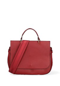 Borsa a mano in pelle rossa con una forma strutturata, dotata di manico superiore e di una lunga tracolla regolabile. Superficie текстurizzata con hardware minimale.