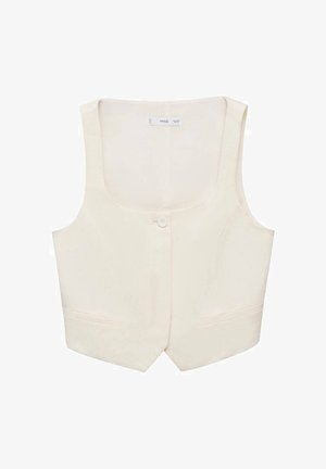 Sleeveless beige vest with a round neckline, single button closure, and two front pockets; smooth fabric with minimal detailing.