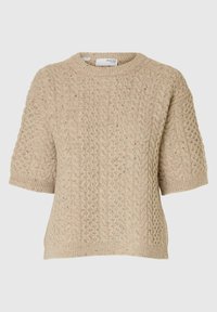 Suéter de punto beige con mangas cortas, que presenta un patrón de cable texturizado y un cuello redondo. Tejido suave con un dobladillo acanalado.
