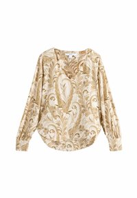 Blouse à manches longues en tissu crème léger avec un motif paisley dans des tons dorés et bruns, dotée d'un décolleté en V et de manches froncées.