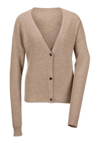 Beige geribde cardigan met een V-hals, lange mouwen en vijf donkere knopen aan de voorkant. Zachte textuur en ontspannen pasvorm.
