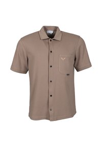 Chemise beige à manches courtes avec boutons, col et poche poitrine ornée d'un petit logo brodé à l'avant.