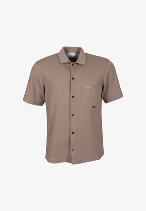 Chemise beige à manches courtes avec boutons, col et poche poitrine ornée d'un petit logo brodé à l'avant.