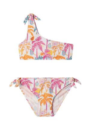 Tweedelig badpak met tropische print van palmbomen en fruit in roze, oranje en blauw, uitgevoerd met een top met één schouder en bikinibroekje met zijstrik.