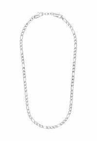 Collana in metallo argentato con anelli interlock, texture liscia e chiusura a moschettone. Design uniforme con una finitura lucida.