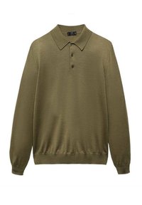 Olive green long-sleeve polo shirt with a ribbed hem, three buttons at the collar, and a smooth texture. Simple design, no patterns.