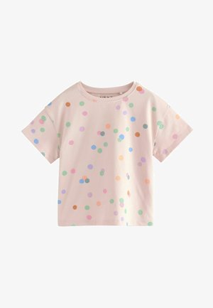 Tricou cu mânecă scurtă, roz, cu puncte colorate. Fabricat dintr-un material moale, cu guler rotund și o croială lejeră.