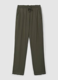 Pantaloni a vita elasticizzata in tessuto verde oliva scuro, dotati di cintura elastica con coulisse, due tasche laterali e una vestibilità comoda.