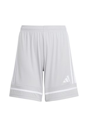 Pantaloncini sportivi grigio chiaro con vita elastica, strisce bianche ai lati e piccolo logo Adidas bianco sulla parte inferiore della gamba destra.