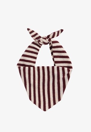 Soft fabric bandana with diagonal maroon and white stripes tied in a knot at the top.