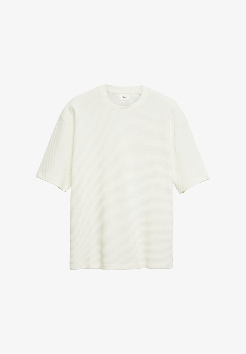 T-shirt blanc uni à manches courtes et col rond avec une texture côtelée subtile, coupe décontractée et étiquette s.Oliver à l'intérieur du col
