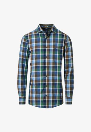 Lange mouw knoopshirt met een groen, blauw, bruin en wit ruitpatroon en een borstzak.