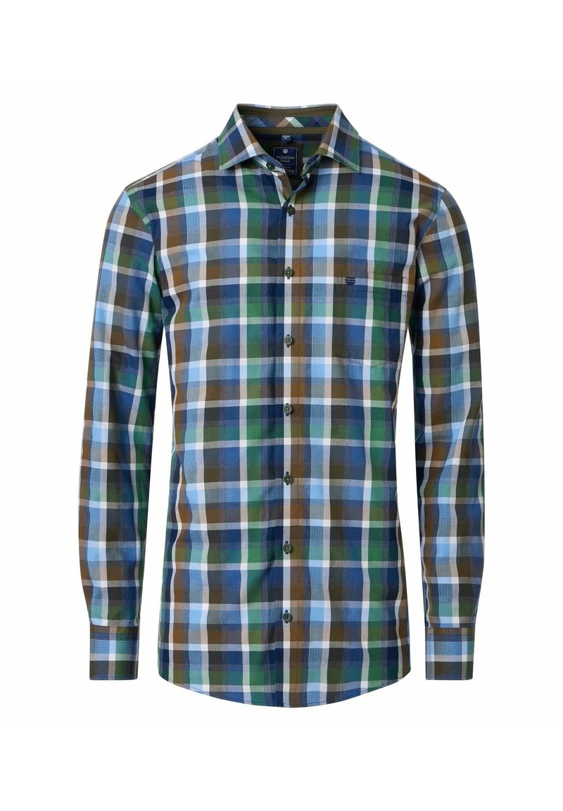 Lange mouw knoopshirt met een groen, blauw, bruin en wit ruitpatroon en een borstzak.