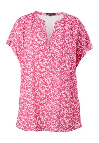 Blouse à manches courtes avec motif floral abstrait rose et blanc et décolleté en V.