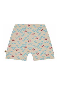 Lichtbeige shorts met een herhaald patroon van blauwe halve manen en rode papieren boten. Gemaakt van zachte stof met een elastische tailleband.