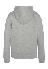 Felpa grigia con una texture morbida. Presenta un cappuccio, maniche lunghe e polsini a costine. Progettata con uno stile semplice e minimalista.