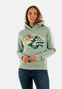 Mintgroene hoodie met een buidelzak, voorzien van kleurrijke geborduurde graphics. Zacht materiaal, losse pasvorm, en ribgebreide manchetten en zoom.