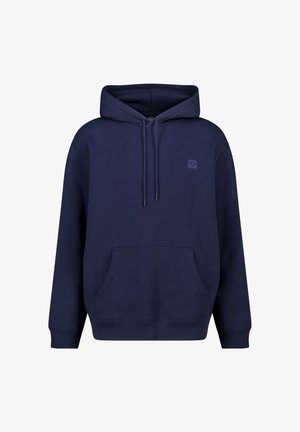 Marineblaue Kapuzenjacke mit vorderer Kängurutasche und kleinem Logo-Patch auf der linken Brust, mit einstellbarem Kordelzug an der Kapuze.