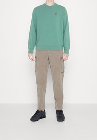 Personne portant un sweat-shirt vert à manches longues, un pantalon cargo beige avec des poches et des baskets noires, debout sur un fond blanc uni.