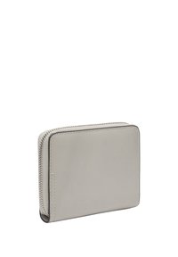 Geldbörse aus grauem Leder mit glatter Textur, Reißverschluss und minimalistischem Design. Verfügt über klare Linien und keine sichtbare Markenkennzeichnung.