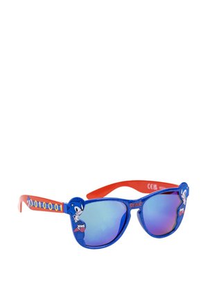 Occhiali da sole blu con lenti specchiate, bracci rossi e dettagli del personaggio di Sonic the Hedgehog. Presentano grafiche dei cartoni animati sui montature e sulle braccia.