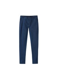 Pantalones de mezclilla en azul oscuro, con una cintura elástica, piernas ajustadas y dos bolsillos frontales con una textura suave.