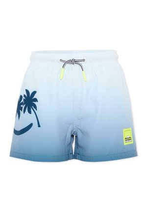 Costume da bagno sfumato azzurro chiaro con stampa di palme nere sulla gamba sinistra, vita con coulisse e piccolo patch logo verde sulla gamba destra.