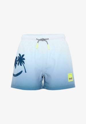 Short de bain bleu clair dégradé avec imprimé palmier noir sur la jambe gauche, taille avec cordon et petite étiquette logo verte sur la jambe droite.