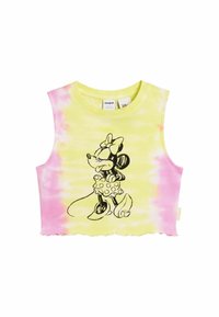 Keltainen ja vaaleanpunainen sitruunapesu jokakuvan lyhyt toppi, jossa on musta viivapiirros hahmosta, jolla on rusetti ja pilkullinen mekko. Raa'an helman muotoilu.