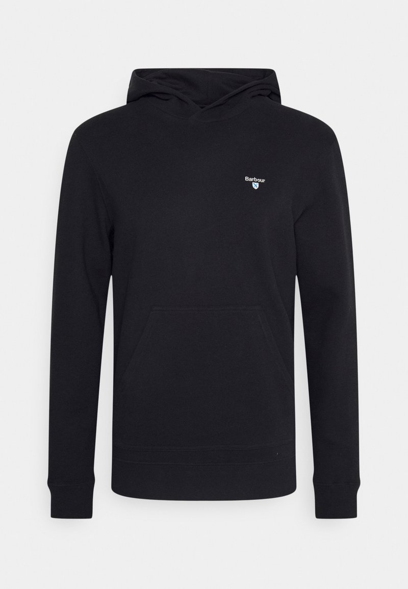 Black hoodie made of soft fabric, featuring a front pocket and a small logo on the chest. Designed with a large hood and long sleeves.