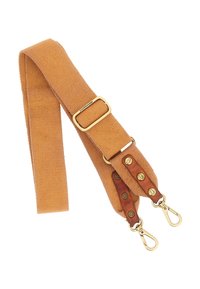 Cinghia in tela gialla senape con una finitura testurizzata, dotata di accessori in ottone, dettagli in pelle e ganci a scatto su entrambe le estremità.