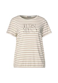 T-shirt rayé beige et crème avec des manches courtes, un col rond et des détails en texte métallique. Tissu doux avec une coupe décontractée.