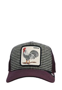 Cap mit schwarz-weißer Hahnentrittmusterung, einem maroonfarbenen Schirm und einem rechteckigen gestickten Patch, auf dem ein Hahn und das Wort "COCK" zu sehen sind.