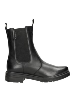 Bottine noire en cuir avec des panneaux latéraux élastiques, des tirettes et une semelle épaisse à motif. Fini lisse avec des détails de design minimalistes.