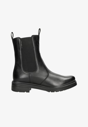 Stivale alla caviglia in pelle nera con pannelli laterali elastici, linguette per il richiamo e suola spessa con battistrada. Finitura liscia con dettagli di design minimalisti.