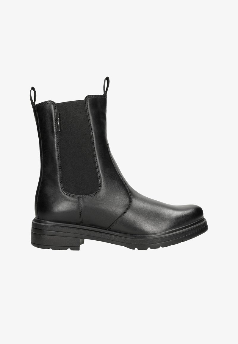 Bottine noire en cuir avec des panneaux latéraux élastiques, des tirettes et une semelle épaisse à motif. Fini lisse avec des détails de design minimalistes.
