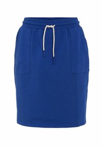 Jupe bleue longueur genou avec taille élastique, cordon blanc et deux poches avant, présentée sur un fond uni.