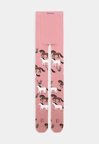 Rosa Strumpfhosen mit einem Muster aus galoppierenden braunen und weißen Pferden neben grünen Pflanzen. Glatt gewebter Stoff mit einem bequemen Bund.
