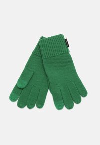 Gröna stickade handskar med ribbad mudd. Materialet har en slät textur och har fem individuella fingersektioner samt en liten logotagg.